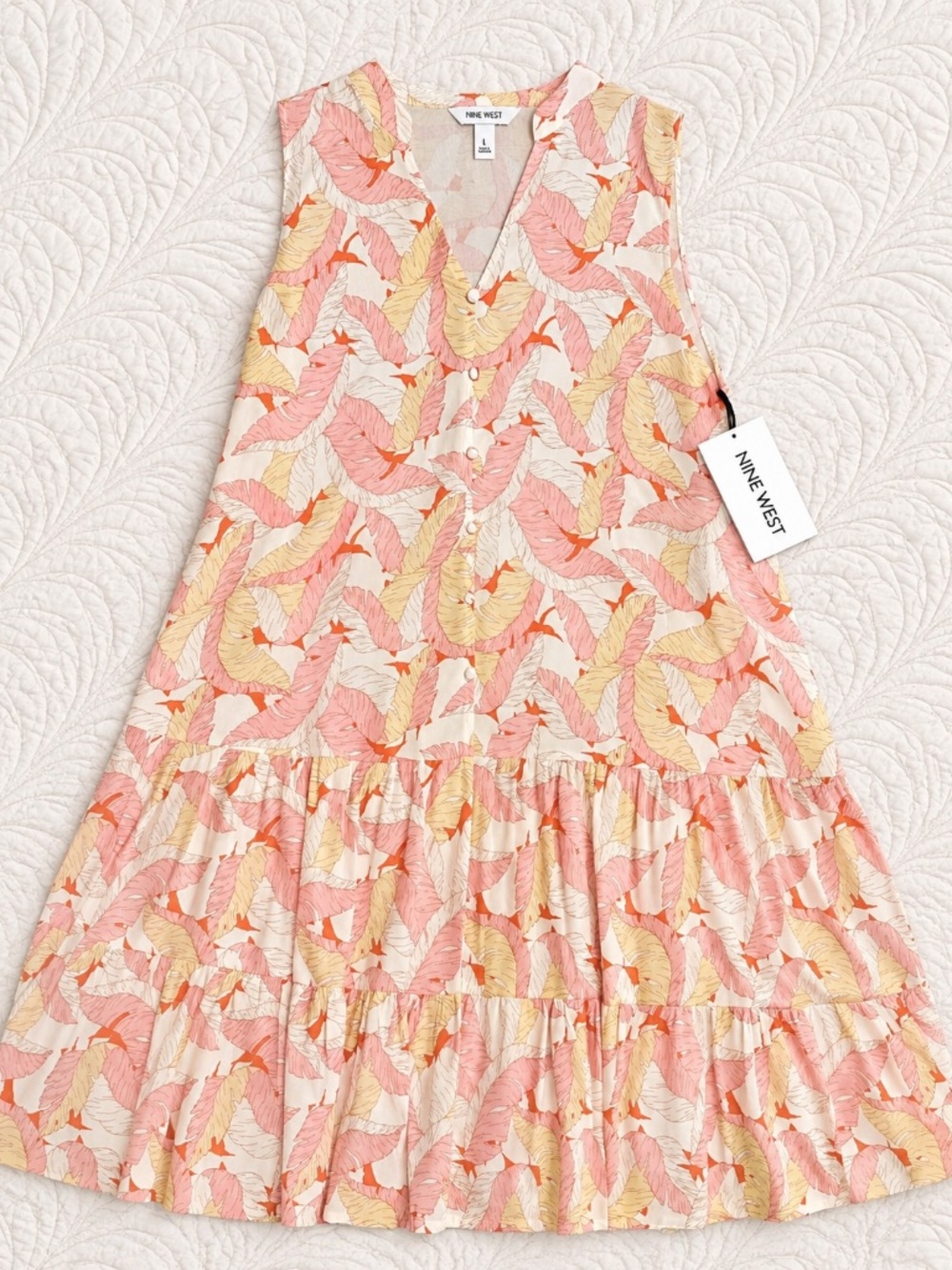 NWT Nine West Pink Tropical Leaf Tiered Midi Dress Size L